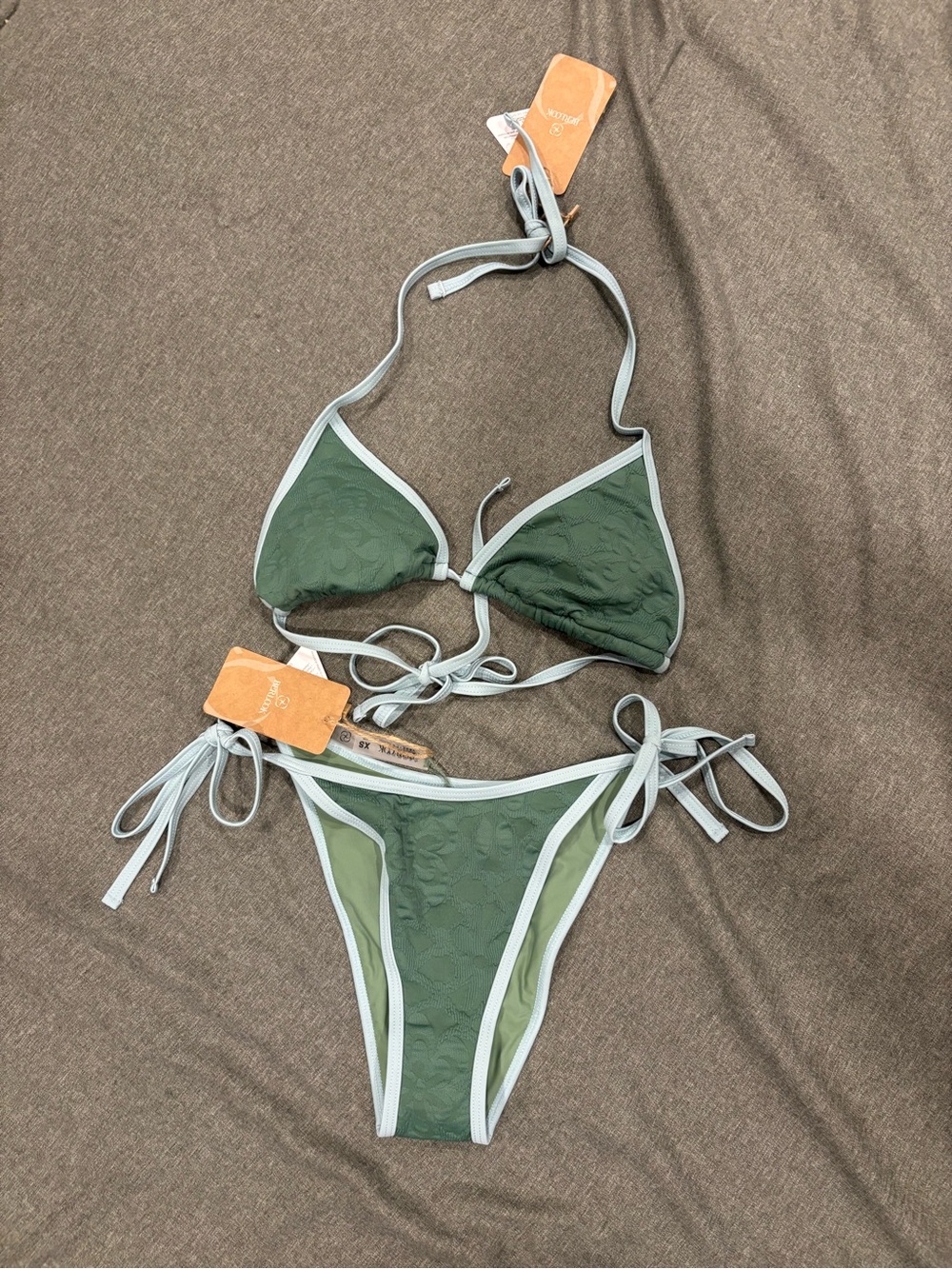 Olive Green Triangle Tie Bikini with Light Blue Trim from Berlook